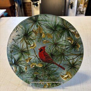 CHRISTMAS CARDINAL DECORATIVE GLASS PLATE WITH STAND